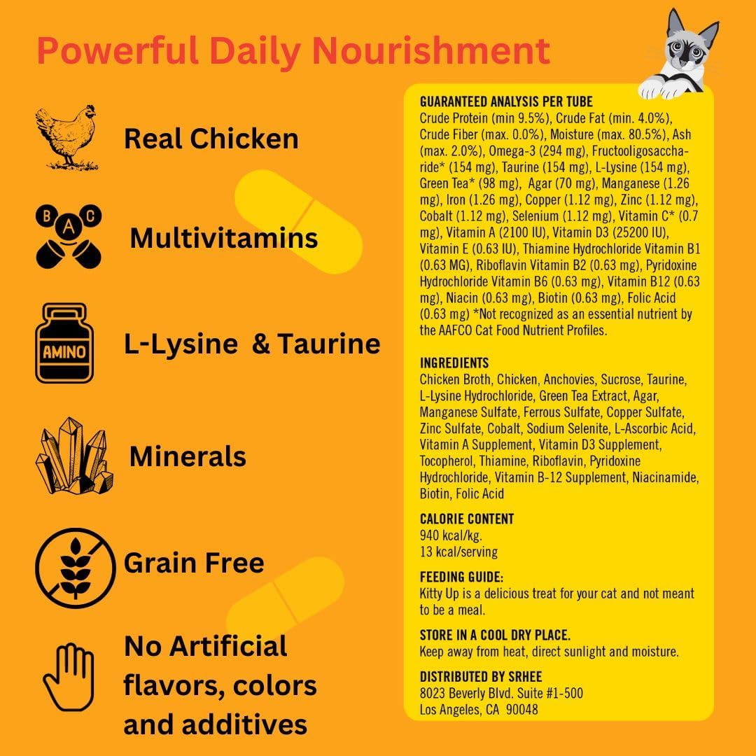 Kitty Up Lickable Cat Treats - All Natural Chicken Puree Tubes with Lysine & Taurine | Grain-Free Wet Treats for Indoor Cats & Kittens (12 Pack) - Image 6