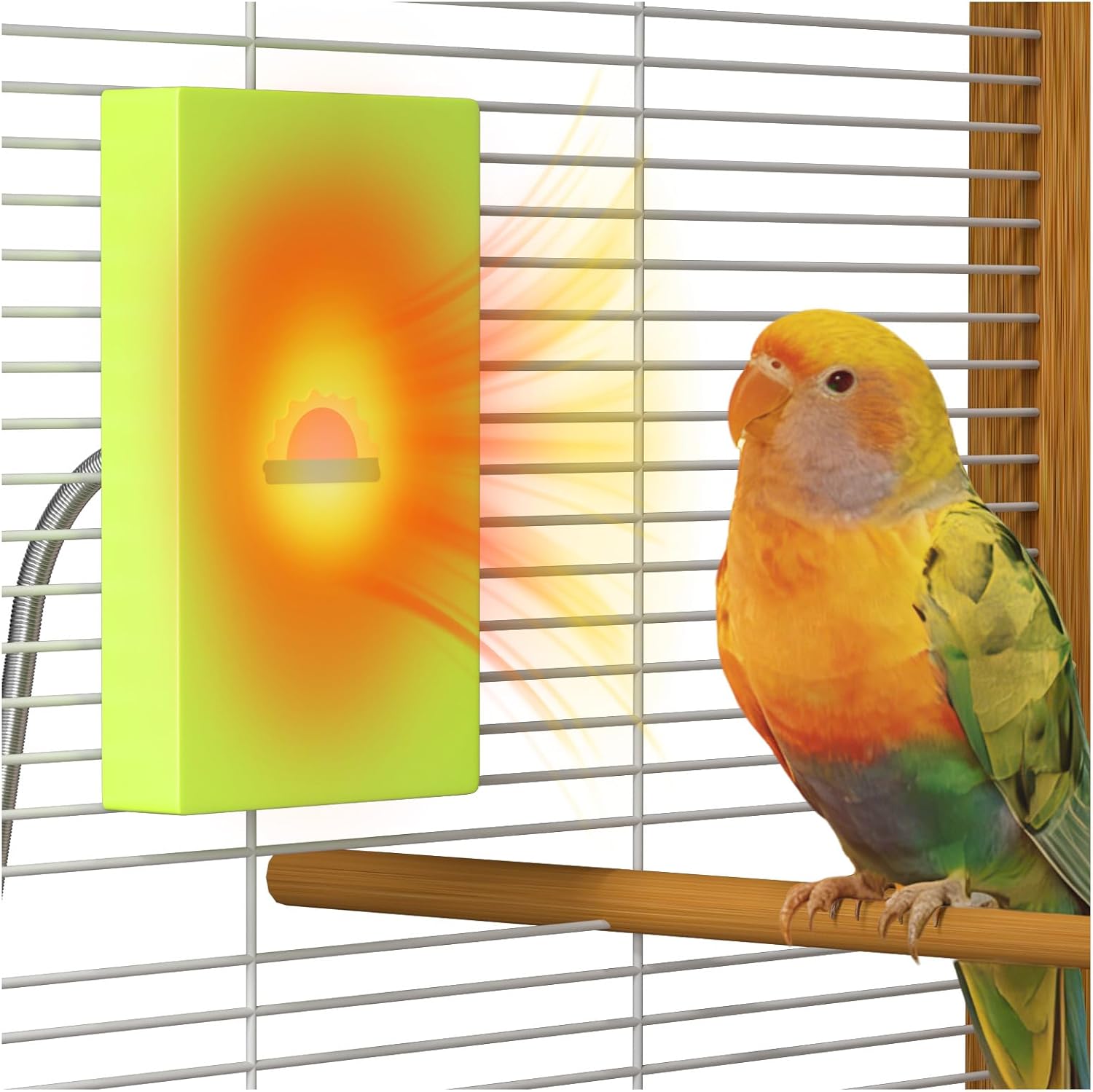 BrightArk bird heater for cage front view showing the green vertical warming panel.