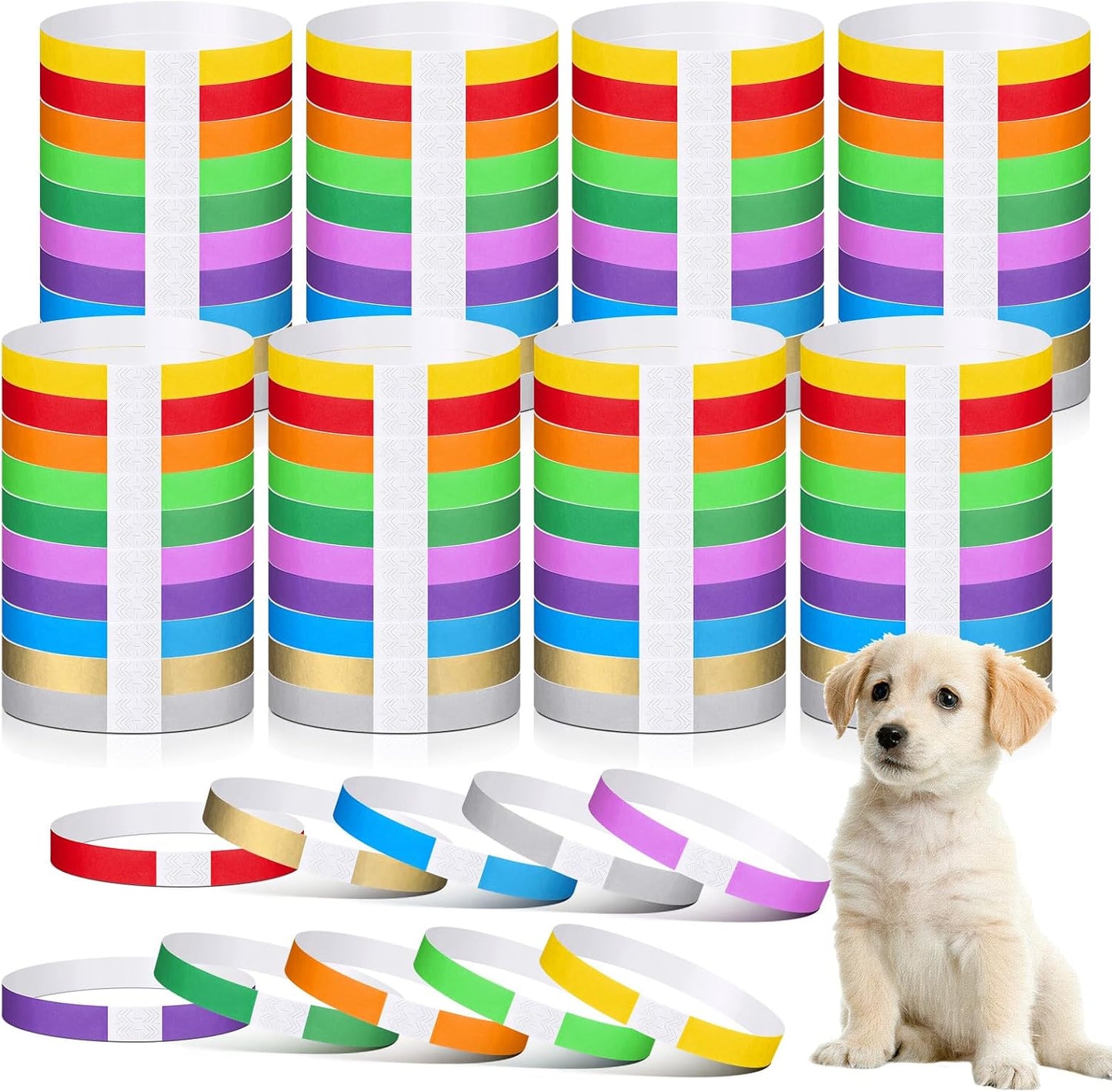 Nezyo 300 Count Puppy Collars front view pack showing ten bright colors of paper identification bands for newborn litters.