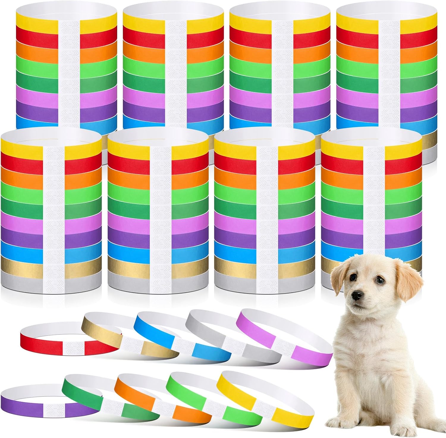 Nezyo 300 Count Puppy Collars front view pack showing ten bright colors of paper identification bands for newborn litters.