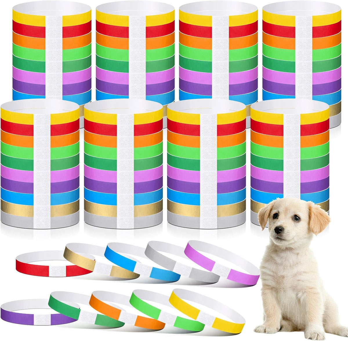 Nezyo 300 Count Puppy Collars front view pack showing ten bright colors of paper identification bands for newborn litters.