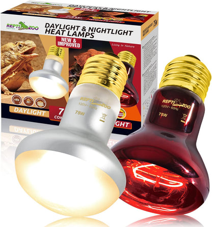 REPTI ZOO 75 Watts reptile heat lamp combo pack front view showcasing the daylight and infrared bulbs.