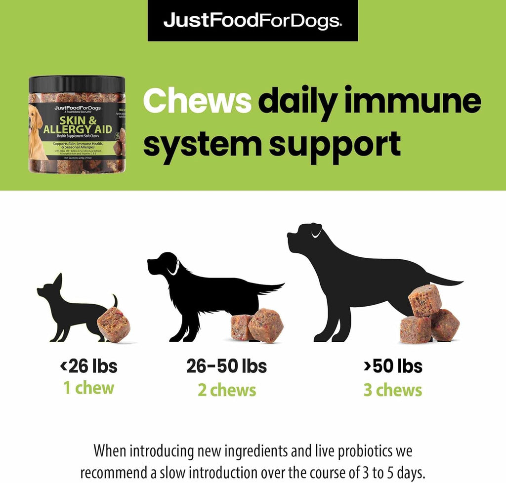 Side profile of JustFoodForDogs human grade dog supplement packaging