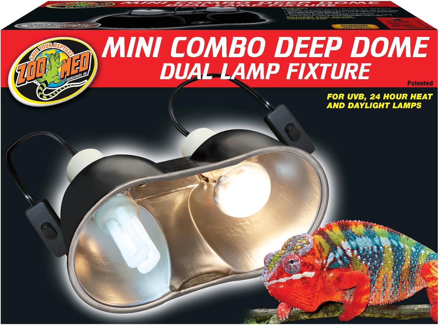 Zoo Med Combo Mini Deep Dome Clamp Lamp Fixture front view showing dual polished aluminum domes for reptile terrariums.
