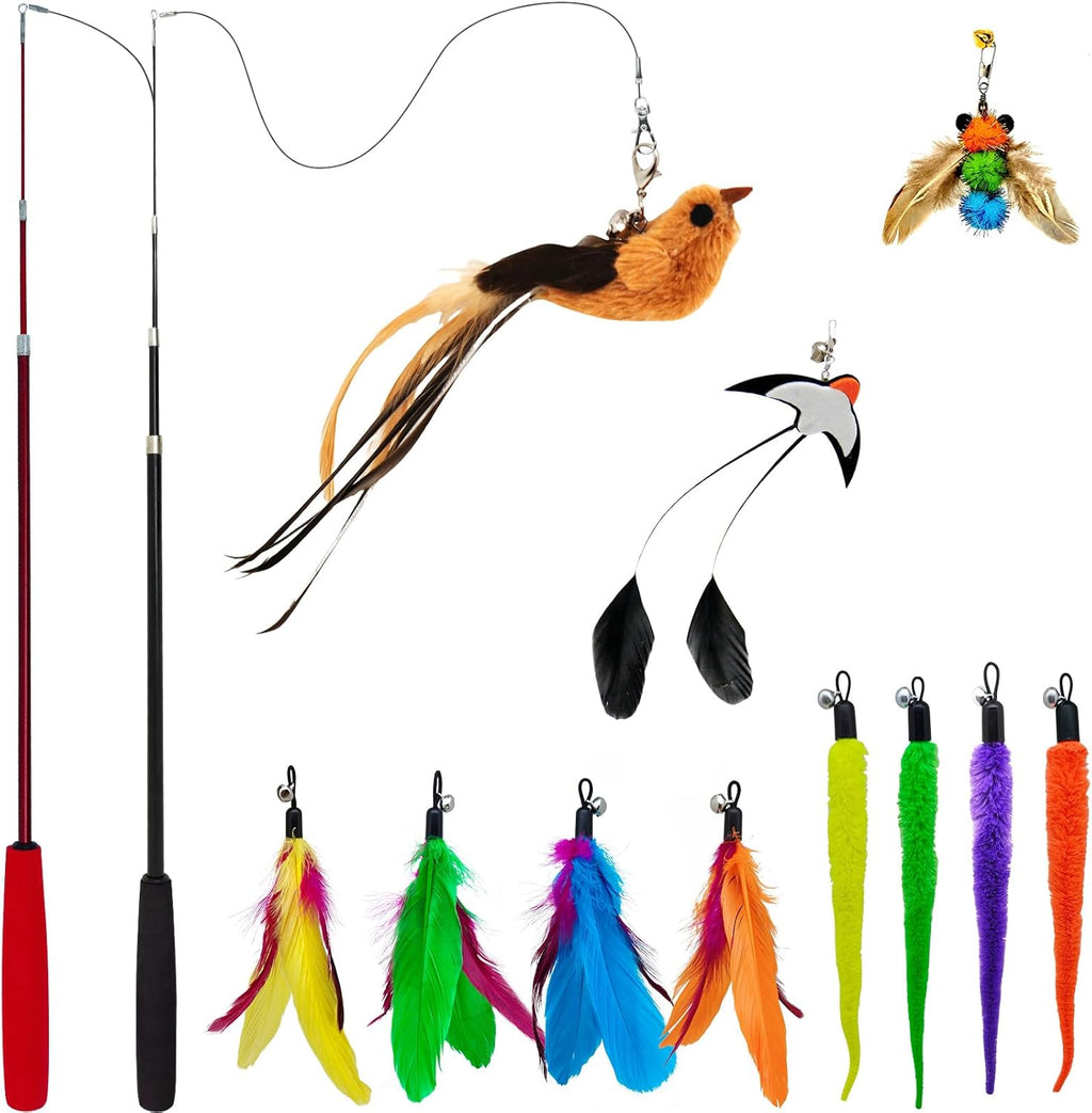 Miwoowim interactive cat wand toy set front view showcasing telescopic rods and colorful feather refills.