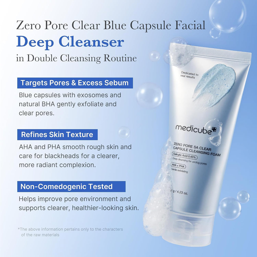 Medicube cleanser tube with blue capsules and silicone brush
