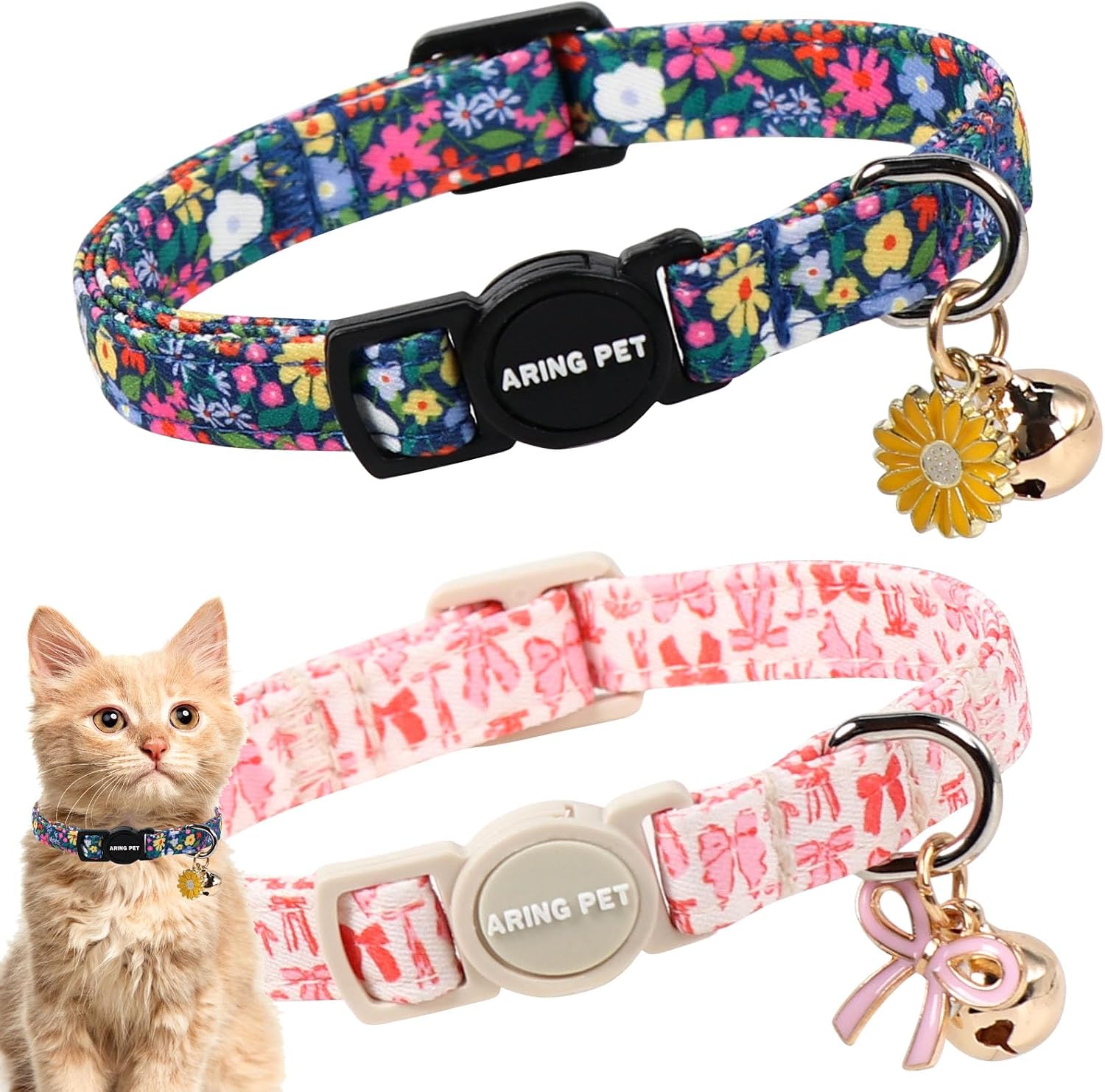ARING PET 2 Pack Cat Collar-Cute Cotton Cat Collar Breakaway with Bell & Pendant, Adjustable Blue Green Striped Kitten Collars with Safety Buckle for Girl and Boy Pets - Image 14