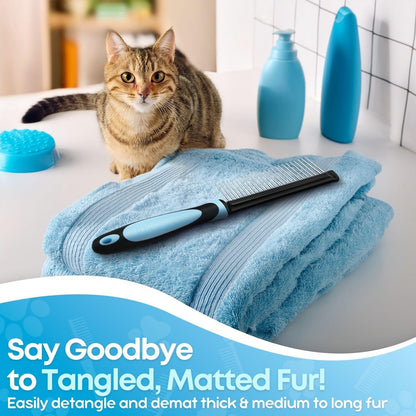 Stainless steel pet grooming brush with blue non slip handle close up view