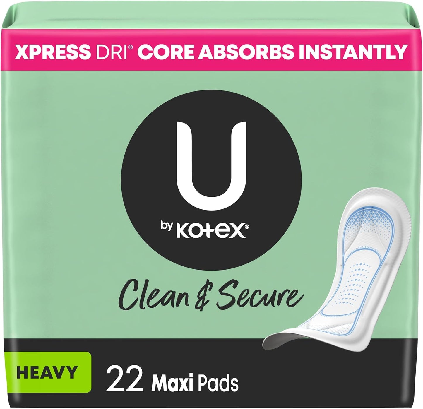 U by Kotex Clean and Secure Maxi Pads 22 count front view for heavy flow protection