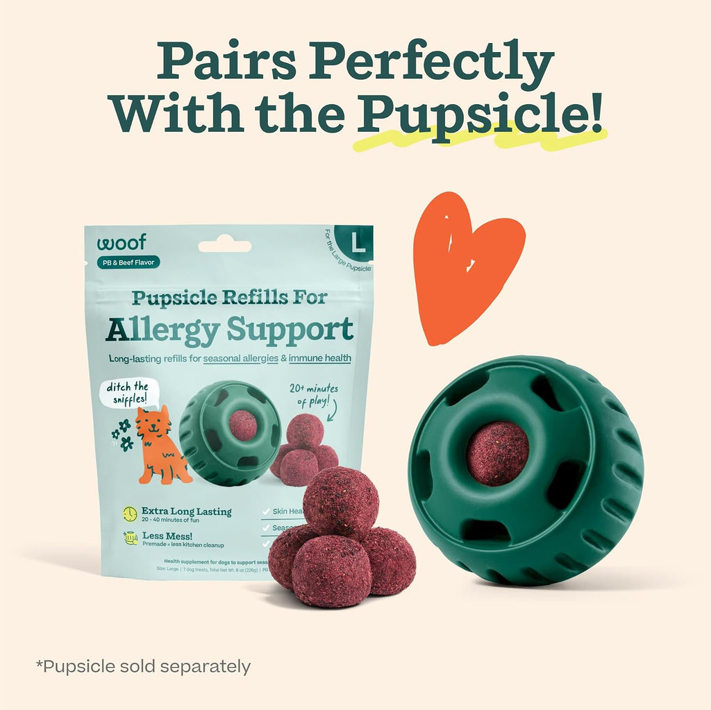 Back label of WOOF Pupsicle allergy and immunity pop refills showing usage instructions.