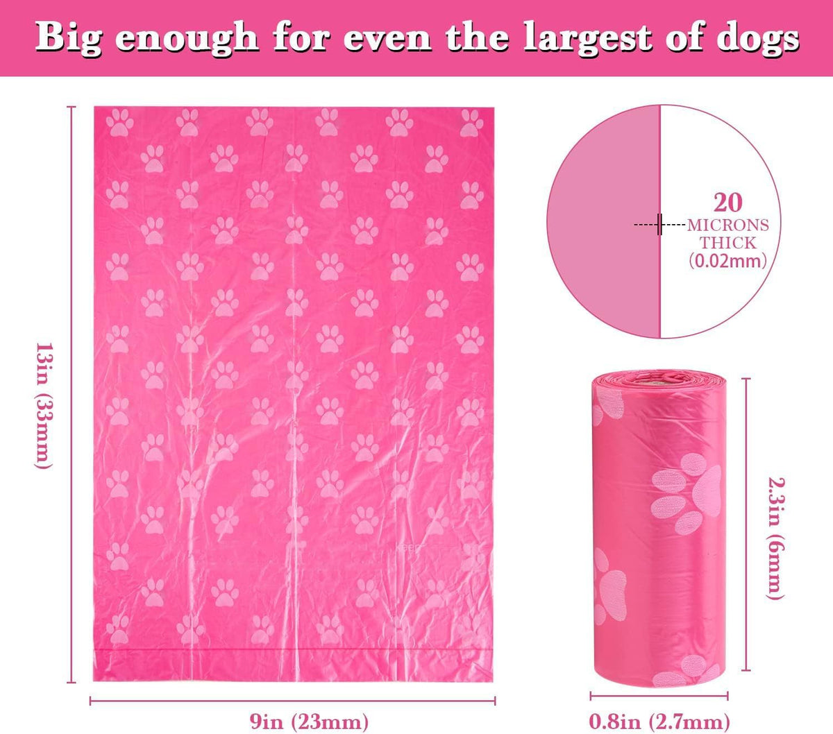 Easy tear breakpoint design on pink dog waste bags