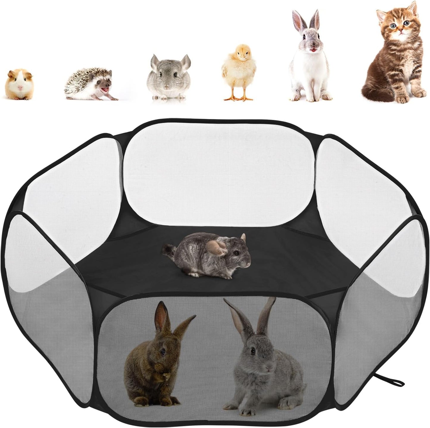 Pawaboo Small Animals Playpen, Waterproof Small Pet Cage Tent with Strong Steel Wire Frame, Portable Outdoor Yard Fence for Chick/Kitten/Puppy/Guinea Pig/Rabbits/Hamster/Chinchillas, Black - Image 1
