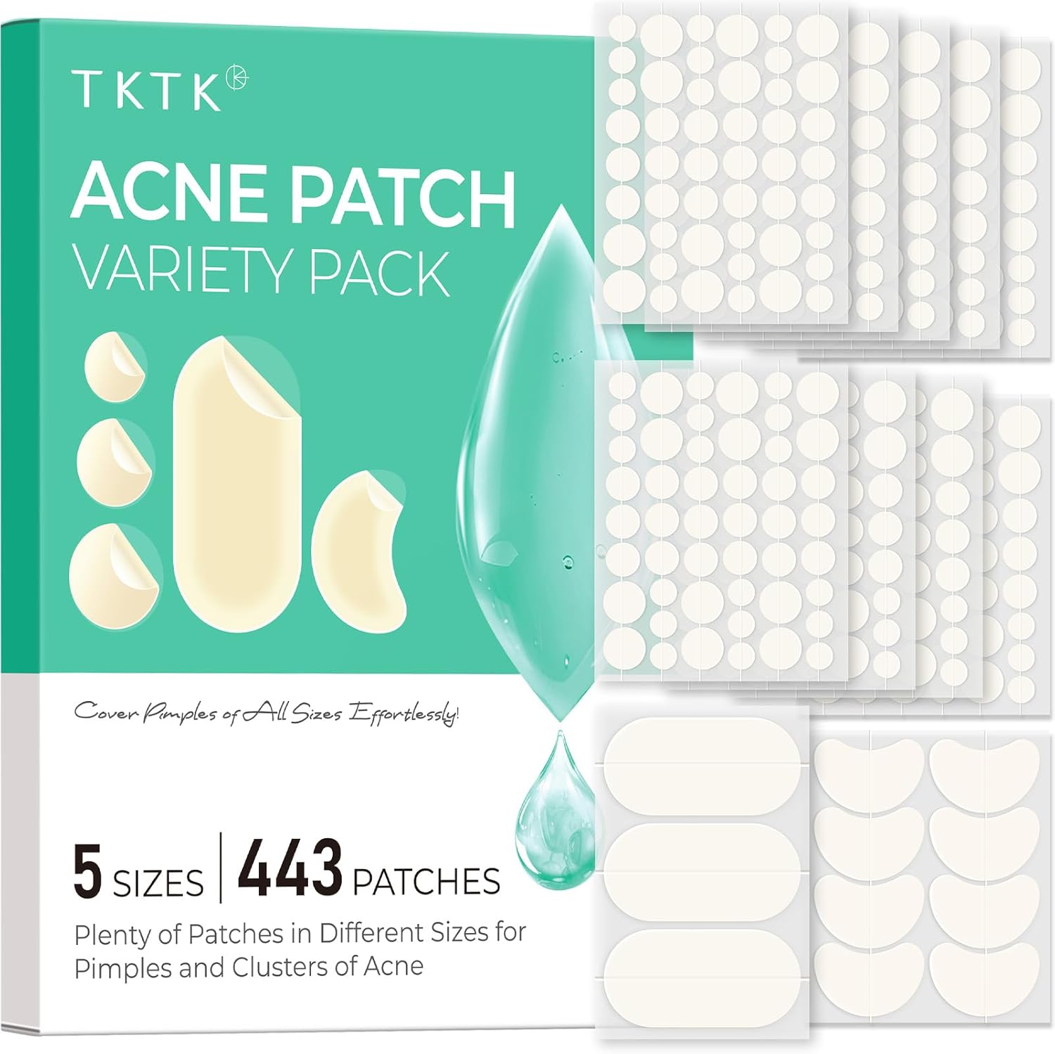 TKTK Hydrocolloid Pimple Patches 443 Count front view packaging highlighting multi-size acne stickers.