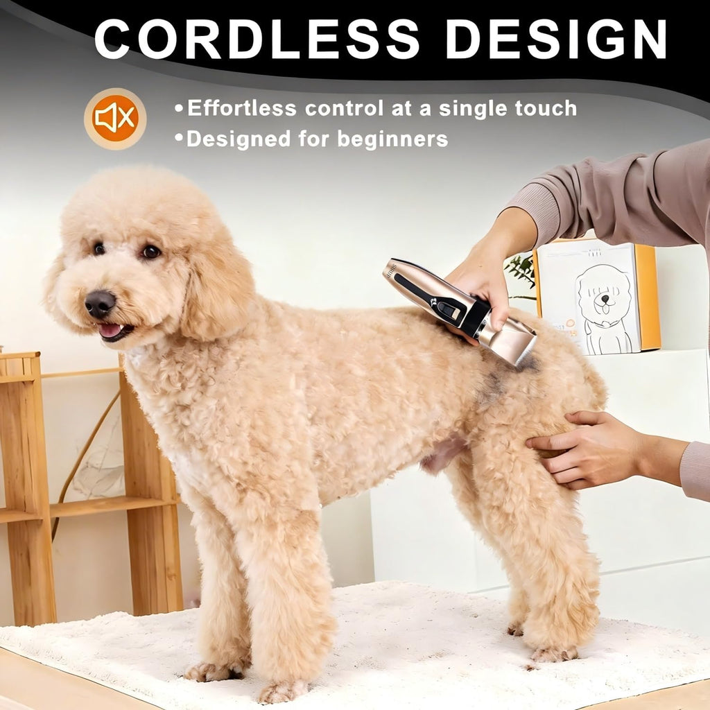 SIRUP low noise electric dog trimmer with its USB charging cable and blade cleaning brush.