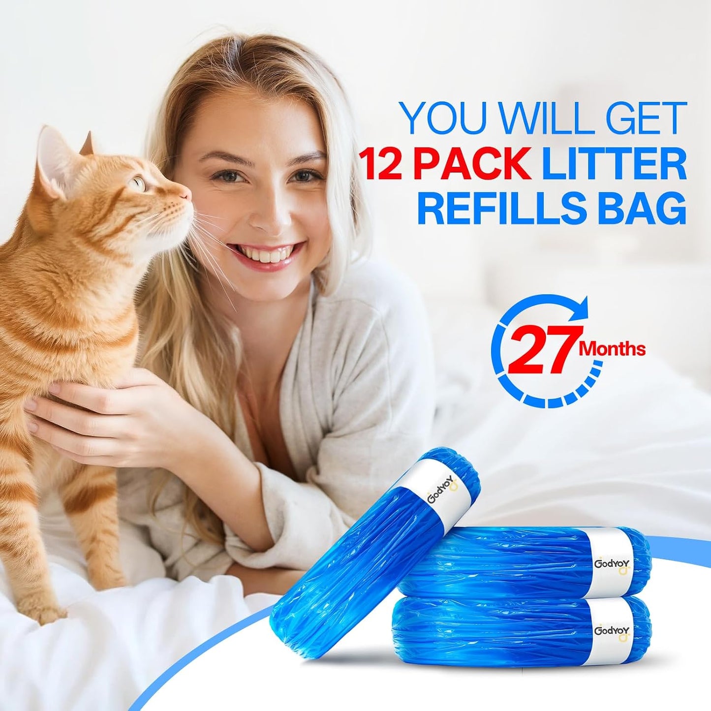 Twelve pack cat litter cartridge refill rolls showcasing long lasting twenty seven month supply