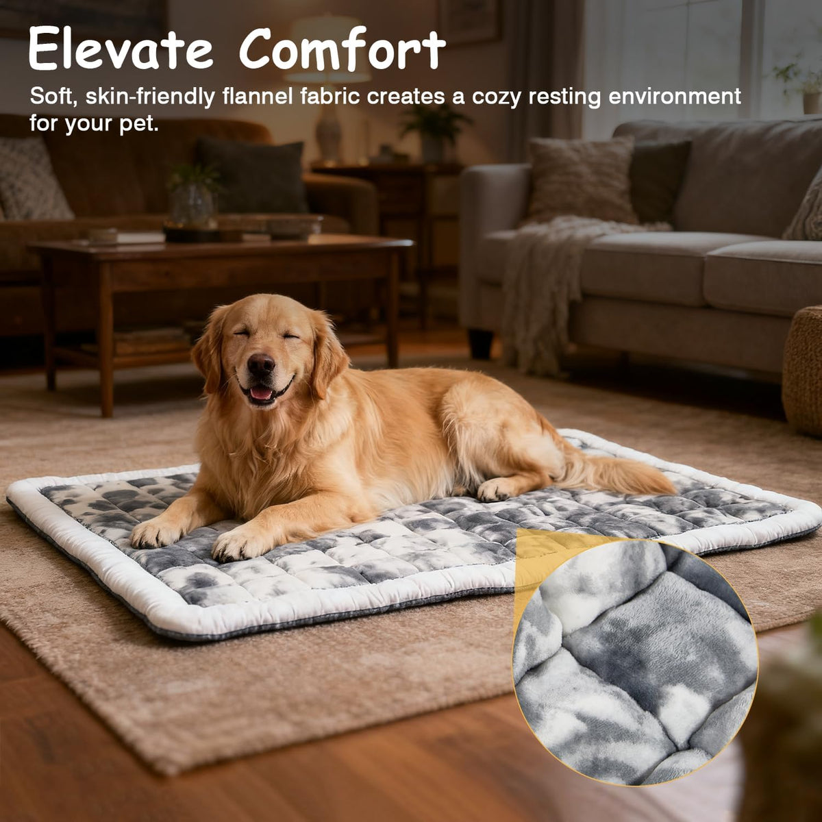 Large breed dog relaxing comfortably on a luxury dog crate mat