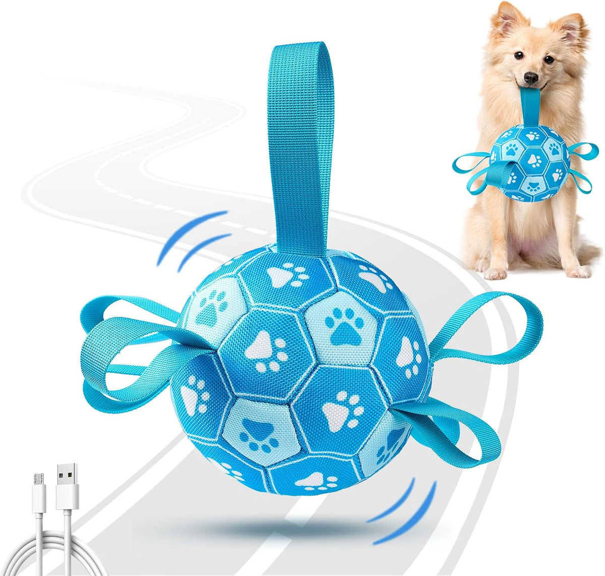 Qraxond interactive automatic dog soccer ball front view in blue