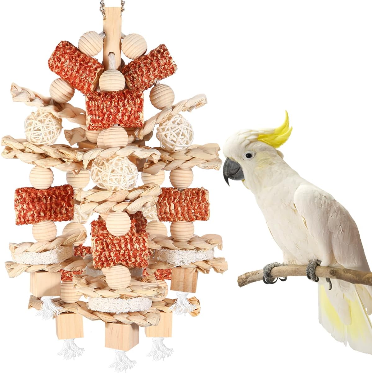 Multi-textured colorful pet bird foraging toy ideal for preventing parrot boredom.