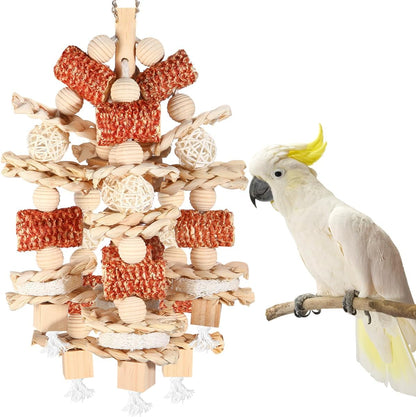 Multi-textured colorful pet bird foraging toy ideal for preventing parrot boredom.