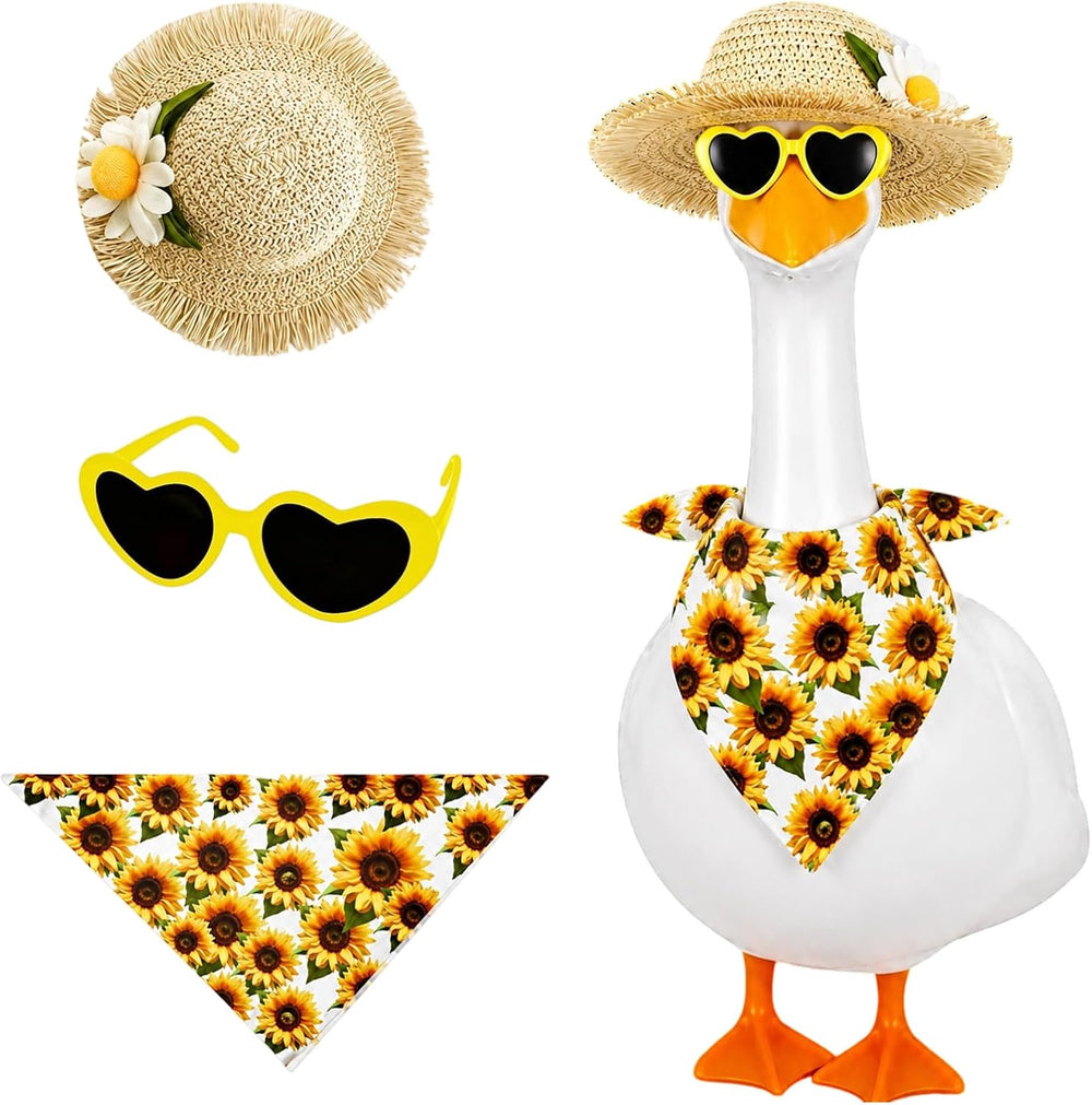Jeere sunflower porch goose outfit front view displaying a dressed lawn statue on a garden patio