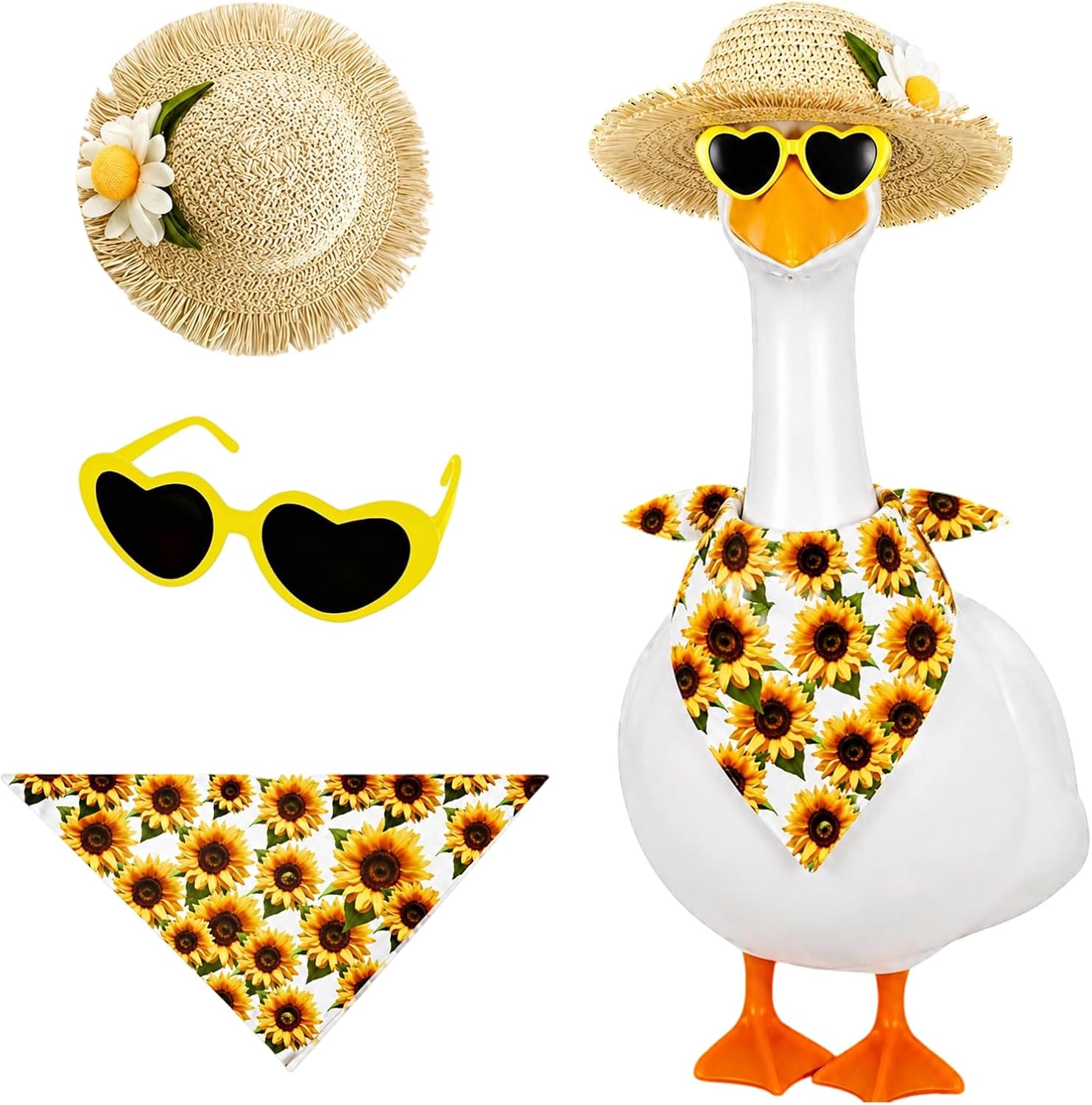 Jeere sunflower porch goose outfit front view displaying a dressed lawn statue on a garden patio