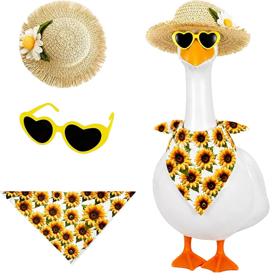 Jeere sunflower porch goose outfit front view displaying a dressed lawn statue on a garden patio