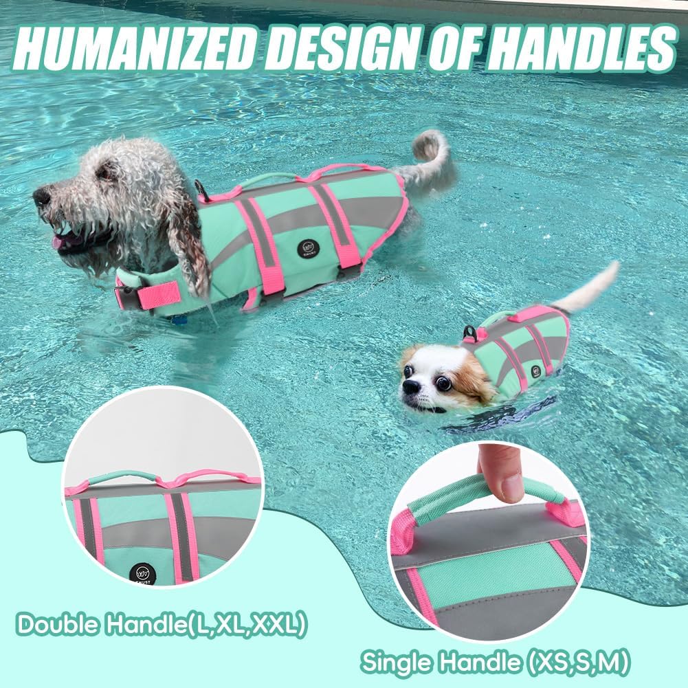 Side angle of the extra large EMUST pet flotation jacket highlighting the adjustable belly straps.