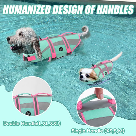 Side angle of the extra large EMUST pet flotation jacket highlighting the adjustable belly straps.