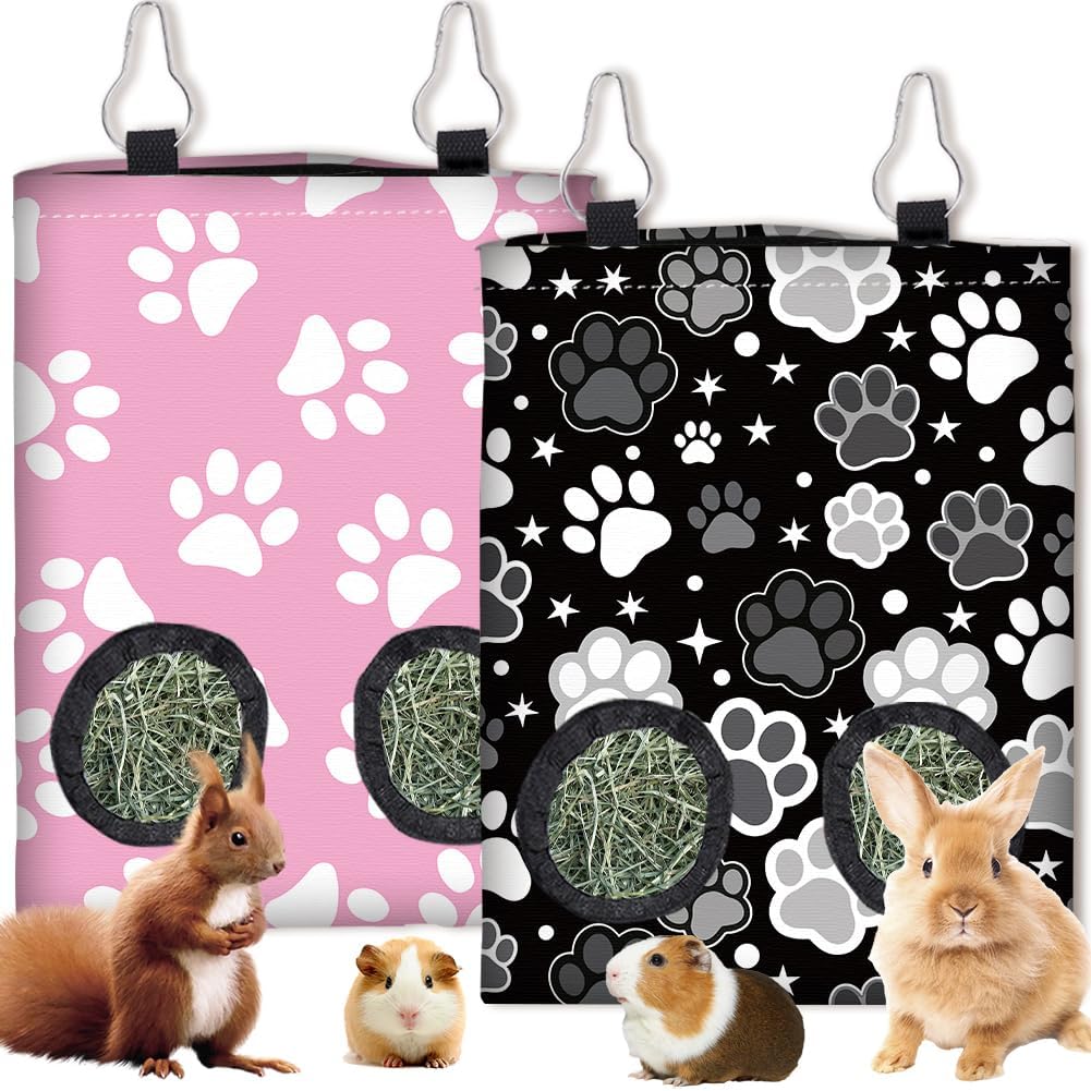 2Pcs 2 Styles Small Pet Hanging Hay Bag Pink Hay Feeder Bag with 2 Holes Bowknot Pattern Cloth Washable Rectangle Feeding Storage for Rabbit Chinchillas Hamsters Guinea Pigs 12 x 9 Inch - Image 8