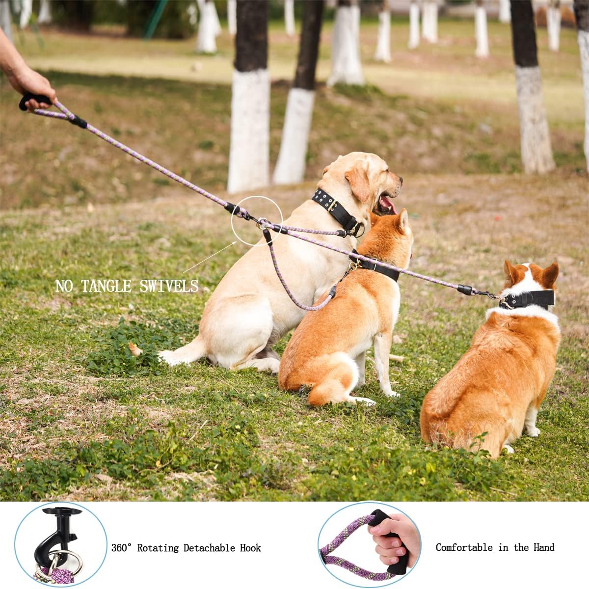 Heyllou premium triple dog walking lead with detachable coupler hooks close up view