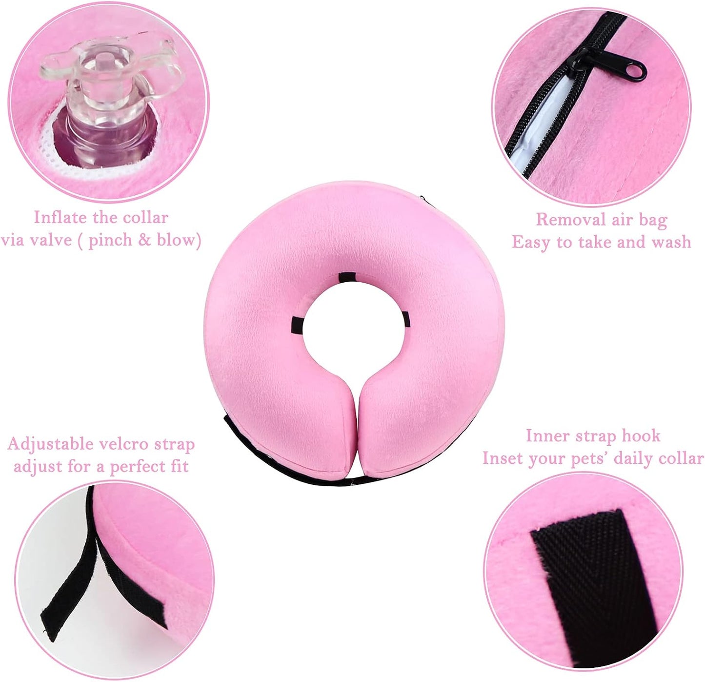 Soft blow up dog Elizabethan collar showing the adjustable velcro strap and inner loops
