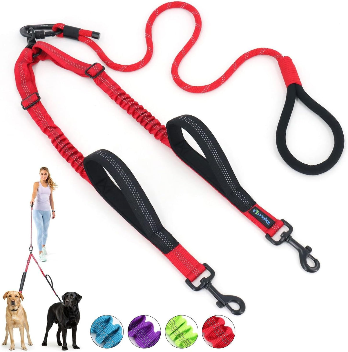Carnation red double dog leash extension for multi pet owners