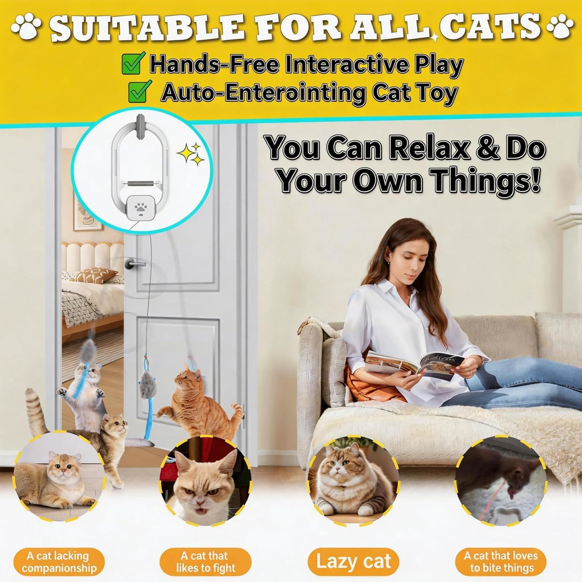 HappyCode automatic pet teaser toy irregular jumping motion view with indoor kitten.