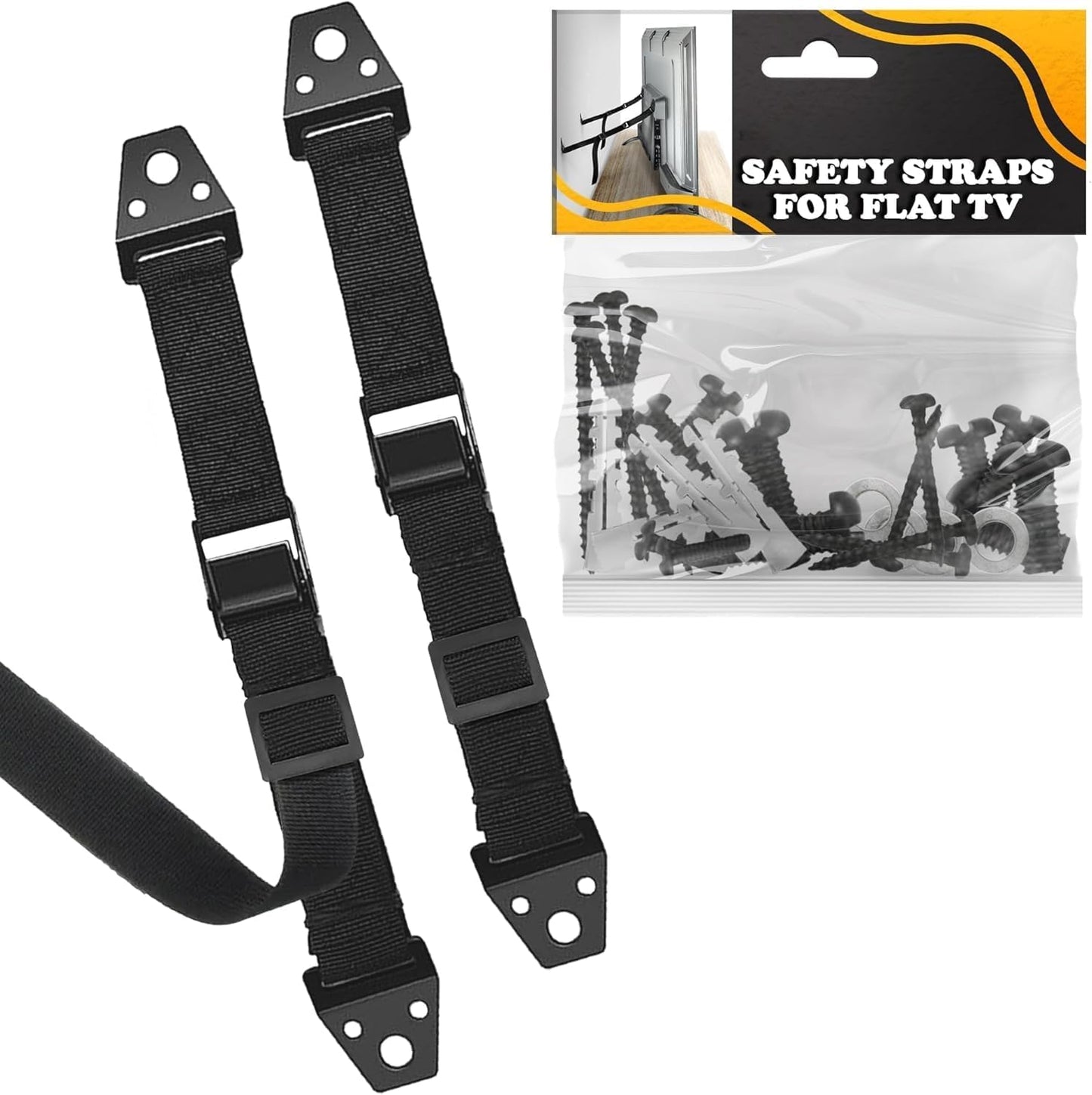 LEGLO anti tip TV safety straps front view showcasing heavy duty black nylon material
