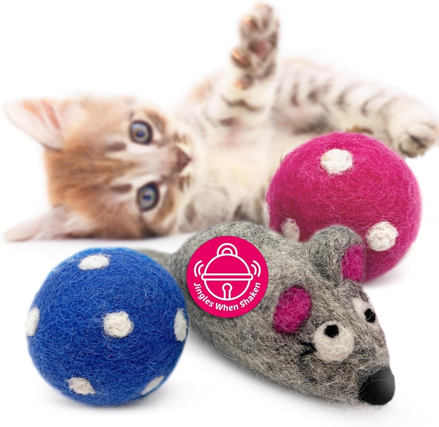 Hustle & Blush Love Ewe Felted Cat Toys 3 Pack - 2 Inch Fish & Bird Hand Made Cute & Fun Design Kitten Wool Felt Balls for Indoor Play & Exercise - 100% New Zealand Handmade Felted Balls - Image 12
