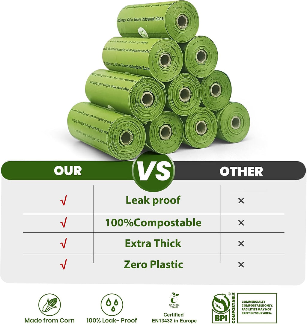 Eco friendly cornstarch pet waste bags detached and opened.