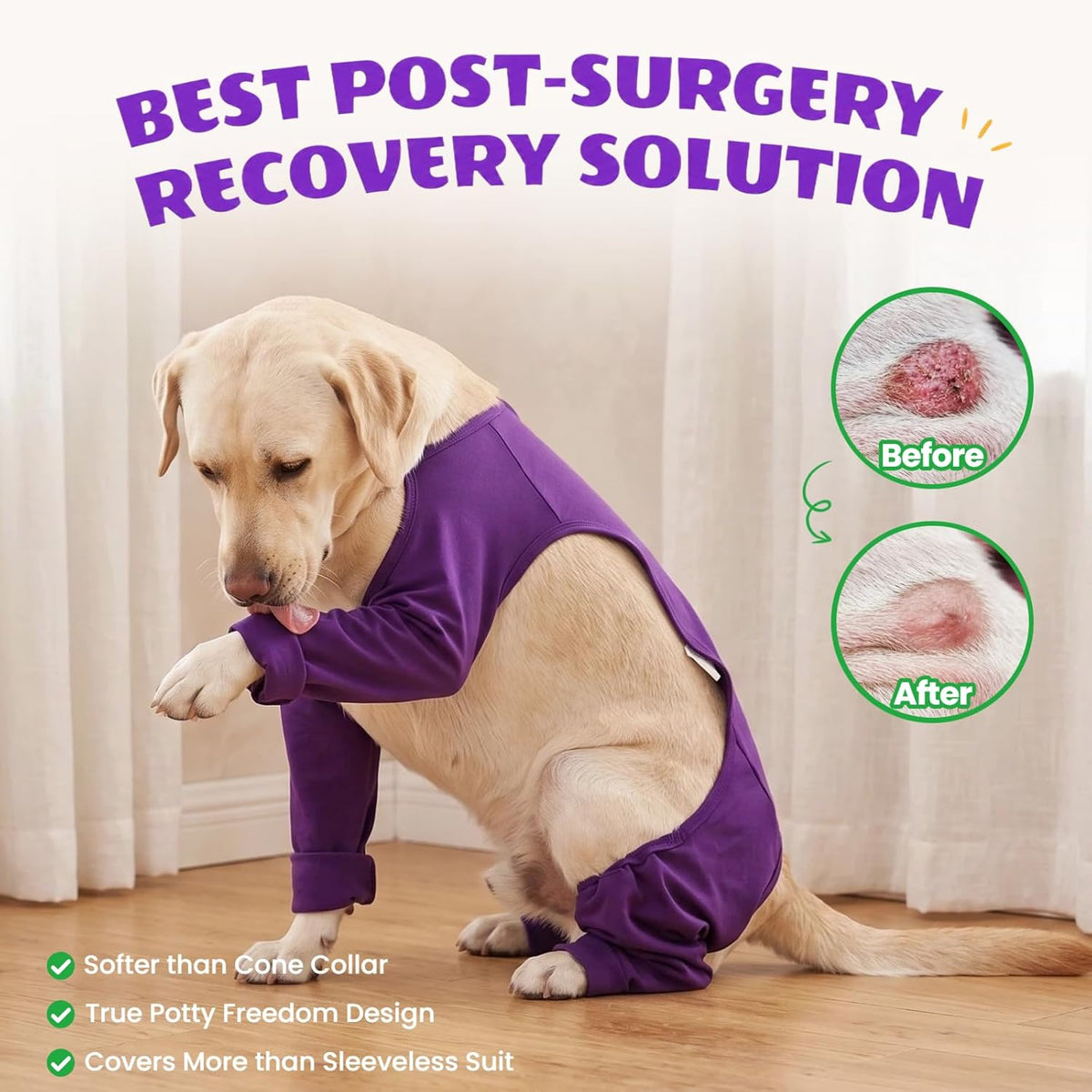T'CHAQUE dog recovery suit featuring potty friendly design