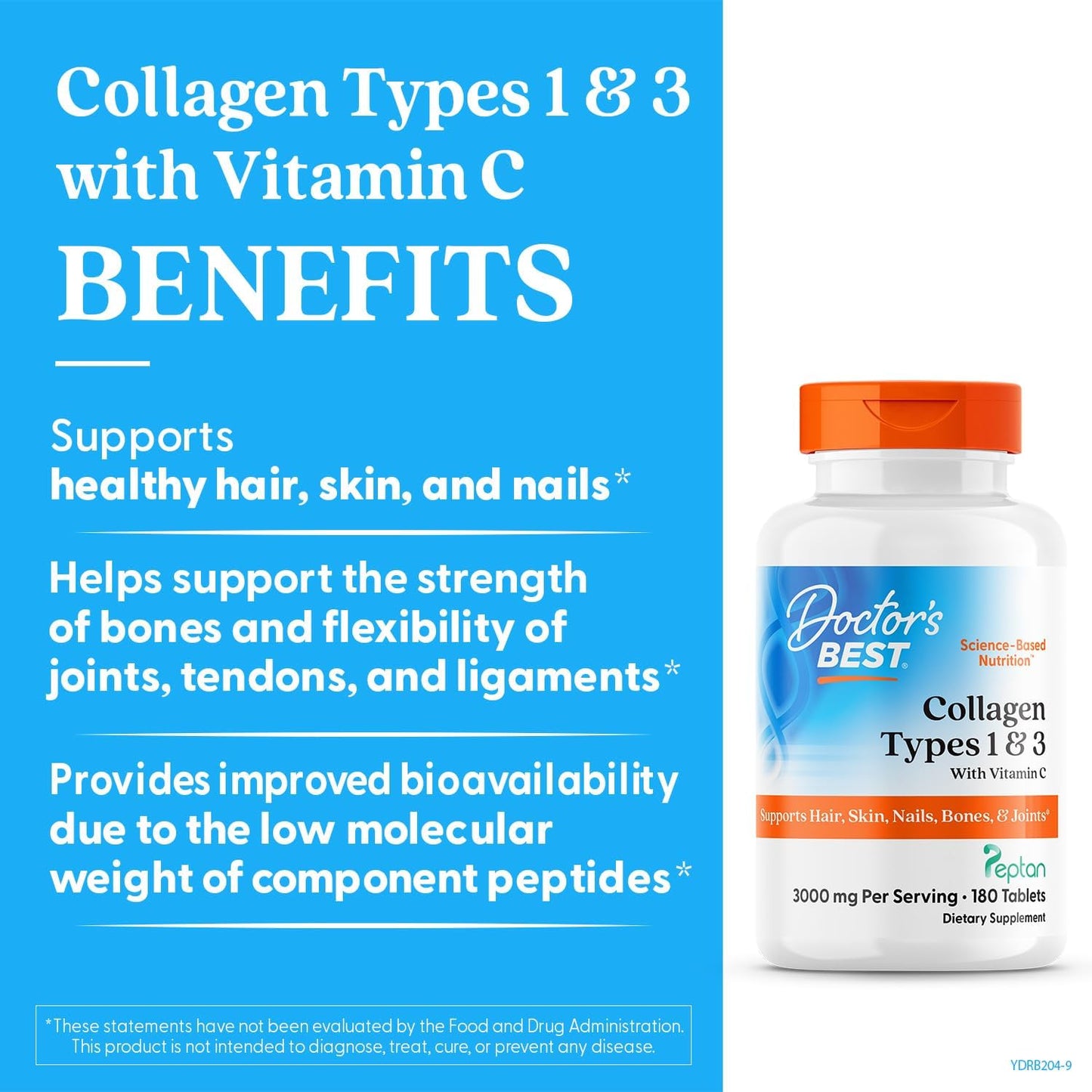 Doctor's Best Collagen Peptides Types 1 & 3 - Collagen Supplement for Women & Men, Supports Hair, Skin, Nails, & Joint Health, Includes 30 mg Vitamin C & 3 g Protein Per Serving, Non GMO - 180 Tablets - Image 3
