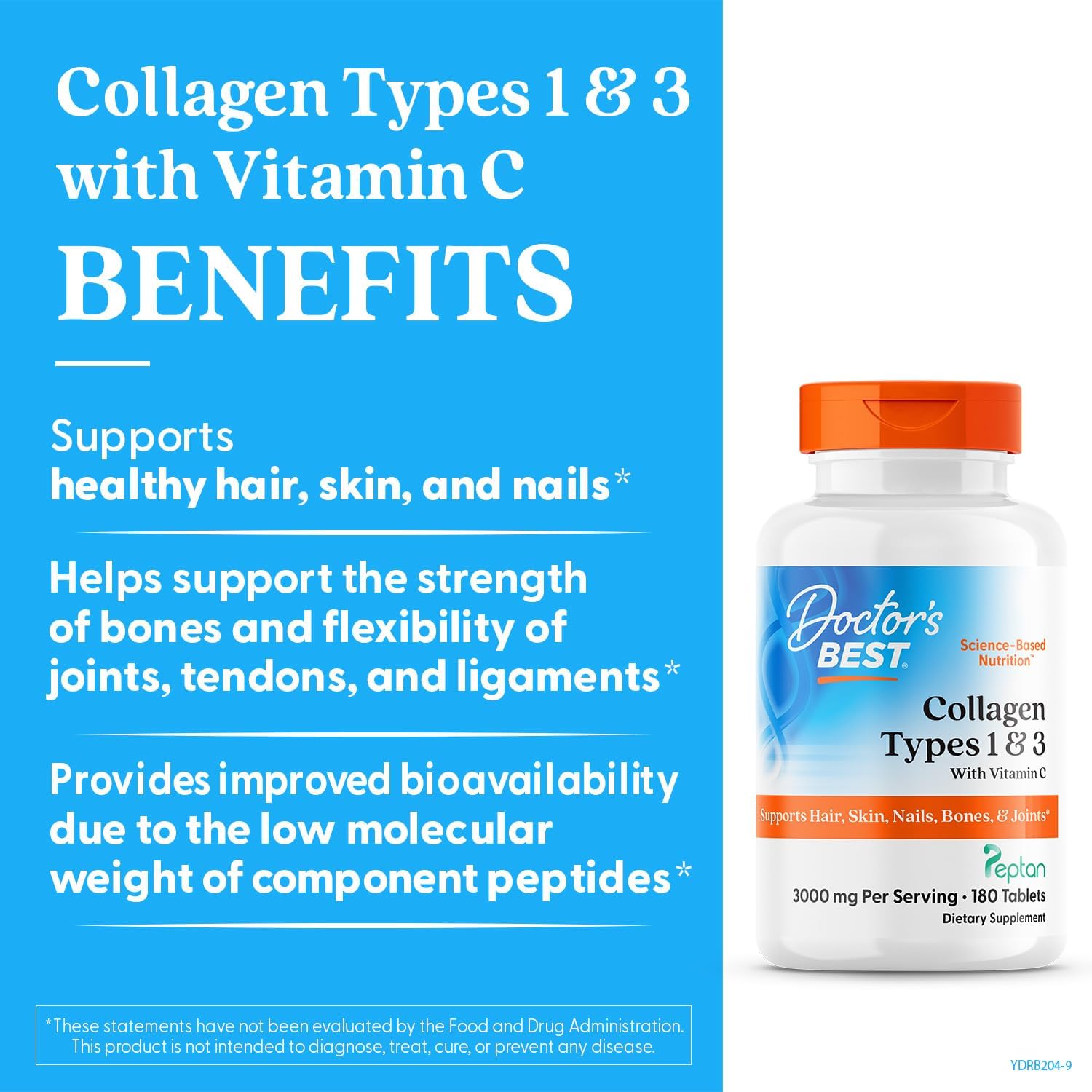 Doctor's Best Collagen Peptides Types 1 & 3 - Collagen Supplement for Women & Men, Supports Hair, Skin, Nails, & Joint Health, Includes 30 mg Vitamin C & 3 g Protein Per Serving, Non GMO - 180 Tablets - Image 3