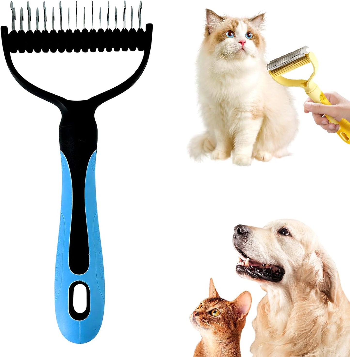 Fiopet double-sided pet grooming brush front view showing stainless steel teeth for detangling dogs.
