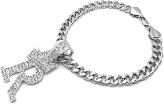 Icemond cuban link chain for cats rhodium tone letter R.