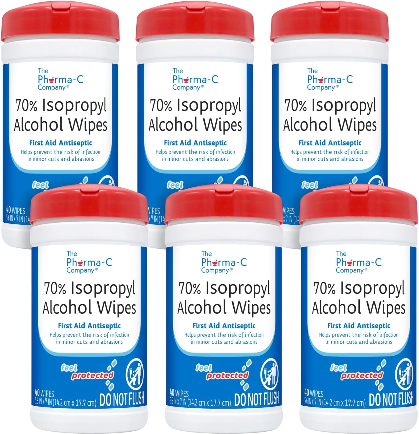 The Pharma-C Company Isopropyl Alcohol Wipes front view of 6 pack canisters.