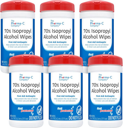 The Pharma-C Company Isopropyl Alcohol Wipes front view of 6 pack canisters.