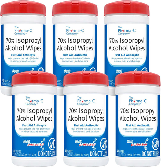 The Pharma-C Company Isopropyl Alcohol Wipes front view of 6 pack canisters.