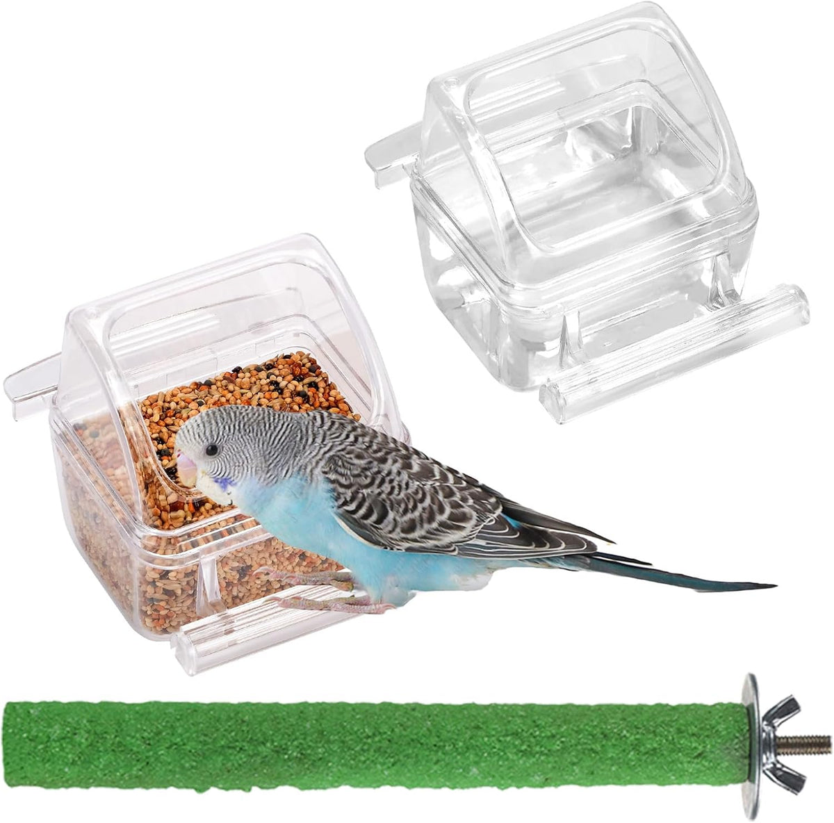 IBWell clear bird water bowl and food container front view