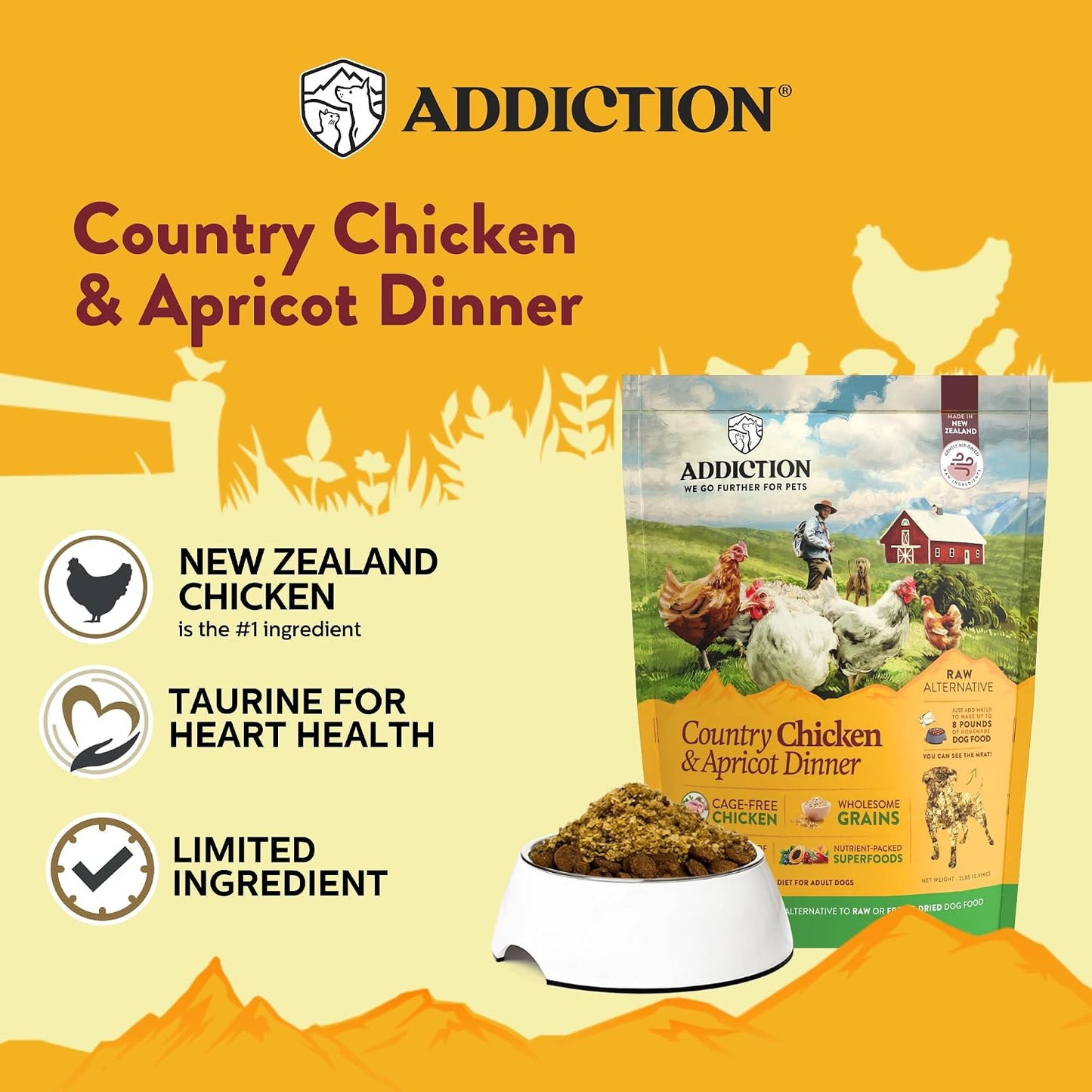 Addiction grain free raw alternative dog food bags showing chicken and apricot ingredients