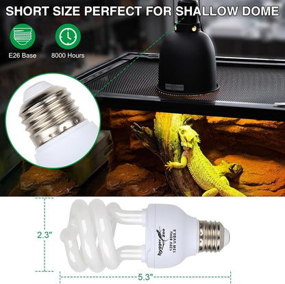 Short size UVA UVB reptile bulb installed in a shallow light dome fixture over a tank.