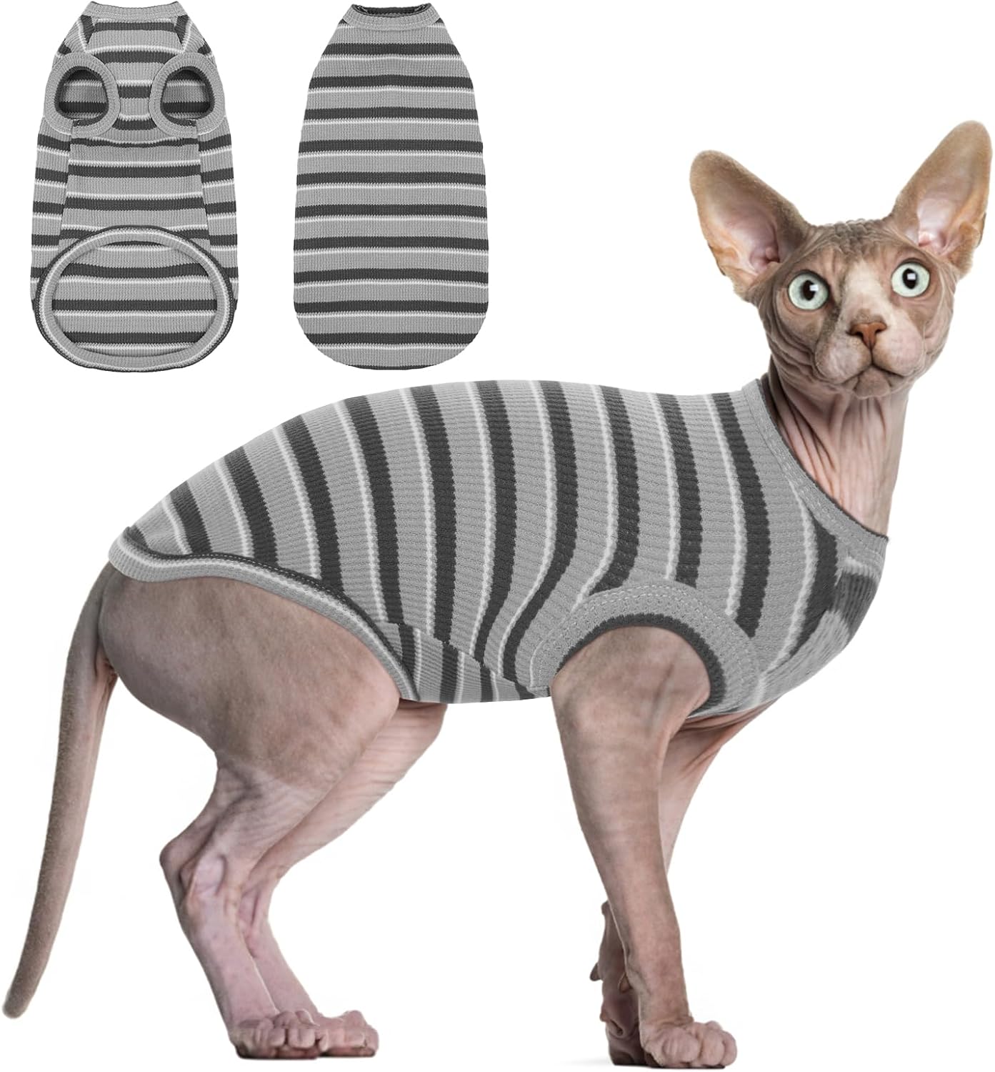 BRKURLEG Sphynx Hairless Cats Shirt Puppy Clothes Soft Cotton T-Shirts Cute Cats Pajamas Cat Stripes Vest Pet Sweater, Round Collar Vest Kitten Shirts(Red Stripes, XL) - Image 10