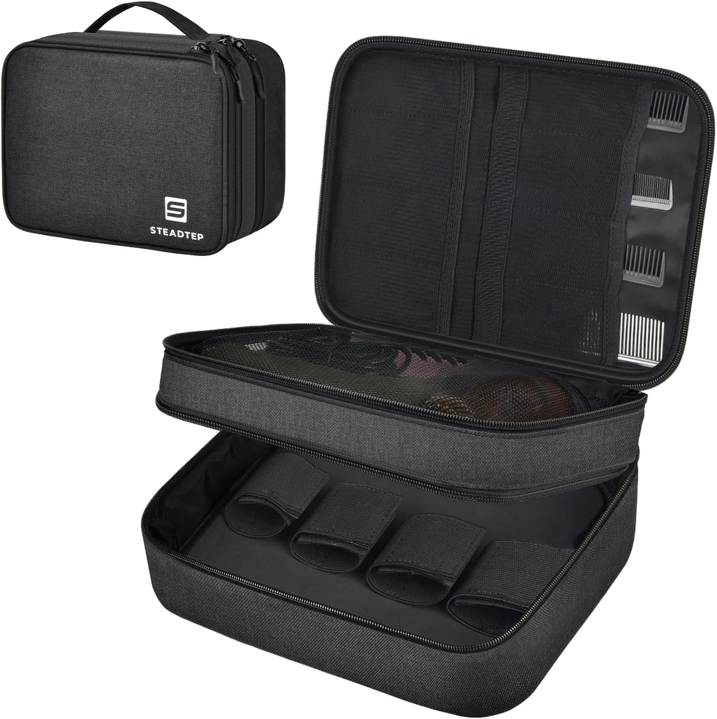 Steadtep hair clipper case front view showing double layer professional barber bag organizer