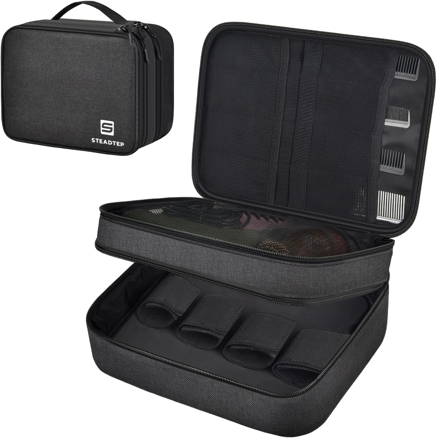Steadtep hair clipper case front view showing double layer professional barber bag organizer